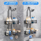 GAOKASE Aluminum Shower Caddy Hanging, Never Rust Shower Organizer- 4 Levels with adjustable Height 10 Hooks for Razor/Sponge - Rack with Soap Basket (Black-1)