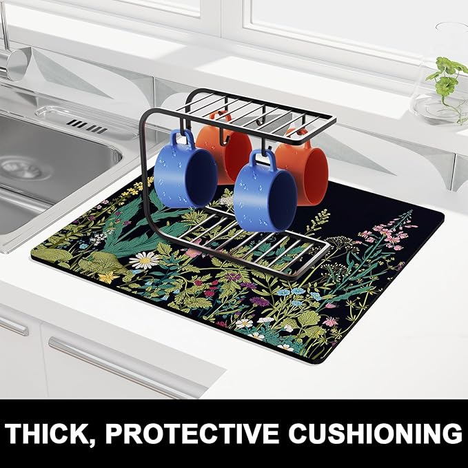 Rnivvi Dish Drying Mat for Kitchen Counter, 16 x 18" Cute Flower Theme Absorbent Heat Resistant Drying Pad with Non-slip Rubber, Coffee Bar Mats for Dish Rack Kitchen Decor Accessories, Black
