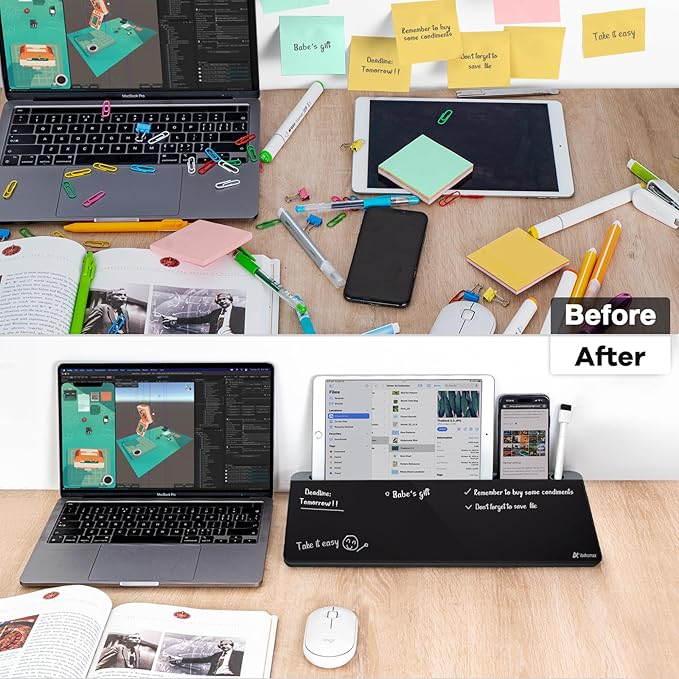 Varhomax Glass Desk Whiteboard with Storage, Desktop Organizer to-do List Memo Notepad Dry Erase White Board for Home Office and School Supplies (Gray&Black)