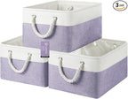 Large Storage Baskets- 15.7x11.8x8.26 inch Storage Bins for Shelves and Closet Organizing, Foldable Fabric Bin for Home Organization Clothes and Laundry (3-Pack, White&Purple)