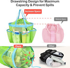 F-color Mesh Shower Caddy Portable with Drawstring - Large 8 Pockets Dorm Room Essentials for Guys Girls with S Hook, Shower Bag Basket Tote for College Camping Gym Travel Toiletry Bathroom, Green