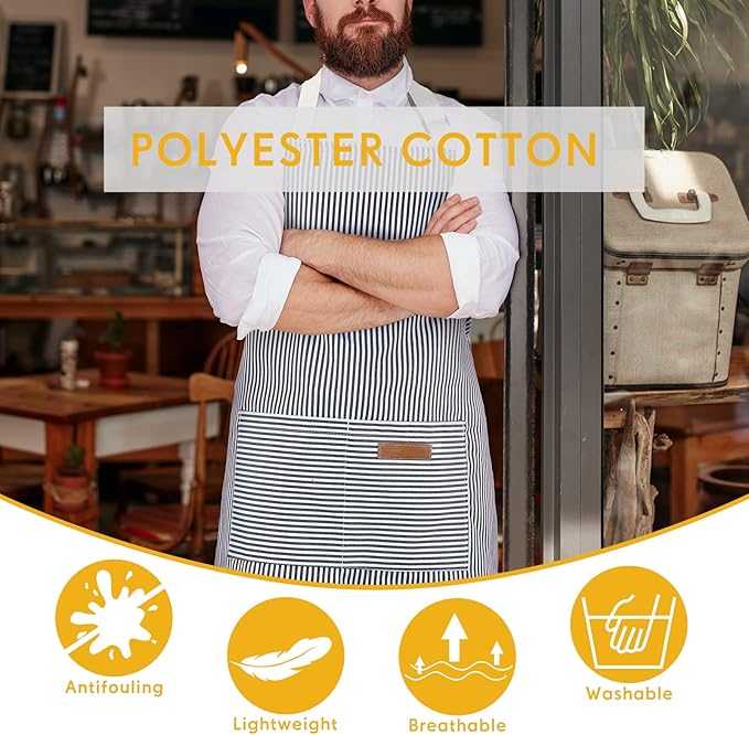 Handepo 4 Pcs Kitchen Aprons with Pockets Adjustable Waterproof Cotton Aprons Striped Apron for Women Men Chef Mother Gift