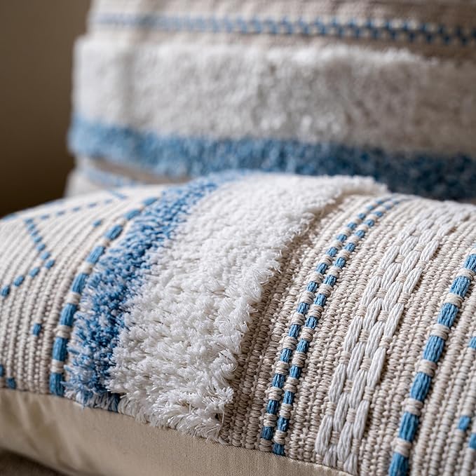 BlissBlush Blue Coastal Decorative Throw Pillow Cover 18X18 Combo Set of 2 Square Boho Accent Pillowcase Tassels Farmhouse Cushion for Couch Sofa Bedroom Living Room Home Décor Cover ONLY