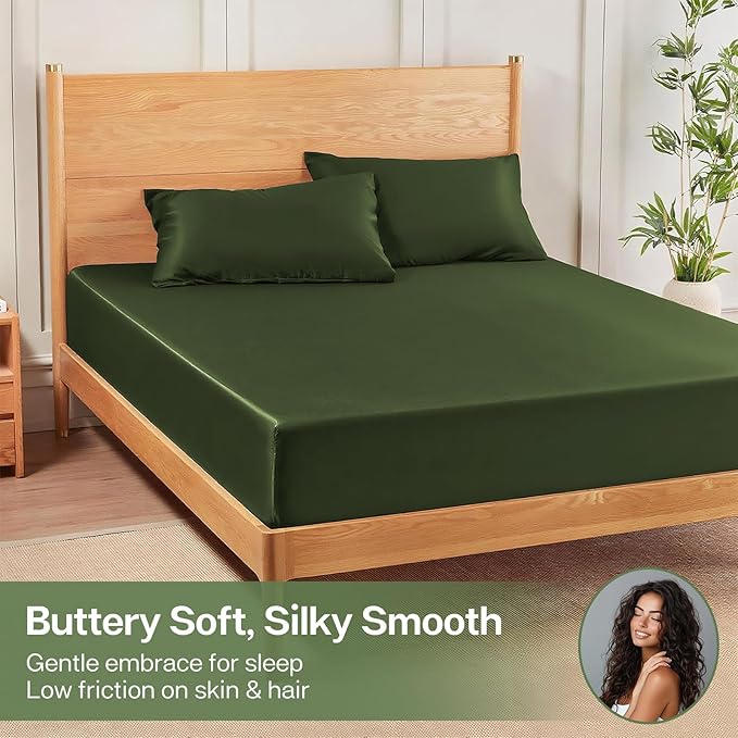 MR&HM California King Fitted Sheet, Ultra-Soft Rayon Derived from Bamboo & Polyester Blend, Silky & Breathable, 15" Deep Pocket with Elastic Straps, Cooling Fitted Sheet for Hot Sleepers, Olive Green