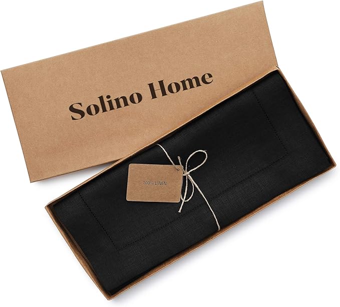 Solino Home Linen Black Table Runner 144 Inches Long - 100% Pure Linen Extra Long Table Runner 14 x 144 Inch for Holiday, Christmas, New Year - Classic Hemstitch