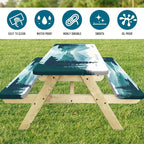Picnic Table Cover with Bench Covers, Mountains Green Lake Tree Camping Essentials Tablecloth Fitted Rectangle Tables and Seats, Misty Landscape with Elastic Windproof Edges Picnic Table Cloth Cover