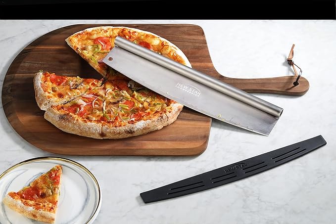 New Star Foodservice Stainless Steel Pizza Cutter (18") and Acacia Wood Pizza Peel (20") Combo Set