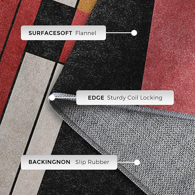 6x9 Abstract Geometric Rugs for Bedroom Decor, Washable Black White Red Geometry Pattern Area Rug, Living Room Home Decoration, Non Slip Soft Thin, Minimalist Modern Decor Carpet PF-P 49