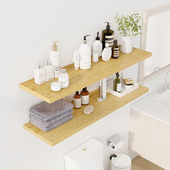 Dreamland 48" Floating Shelves for Wall, 12" Deep Slim Oak Floating Shelves, Wall-Mounted Shelves for Bedroom, Living Room, Kitchen, Bathroom - Set of 2