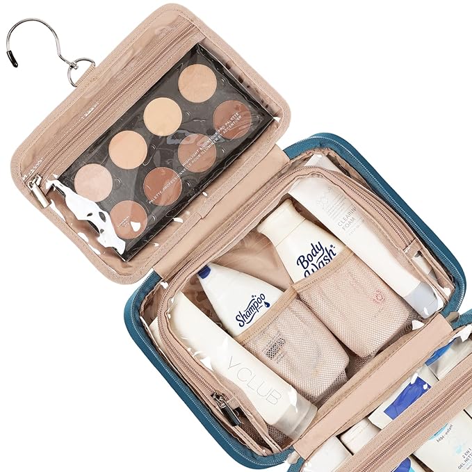 NISHEL Travel Toiletry Bag for Women, Makeup Essentials Organizer, Hanging Case for Accessories, Cosmetics, Medium Size, Lake-Blue