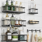 Simple Trending Shower Caddy Adhesive, 6 Pack Rustproof Stainless Steel Shower Shelves with Large Capacity, No Drilling Bathroom Organizers and Storage for Home Decor, Black