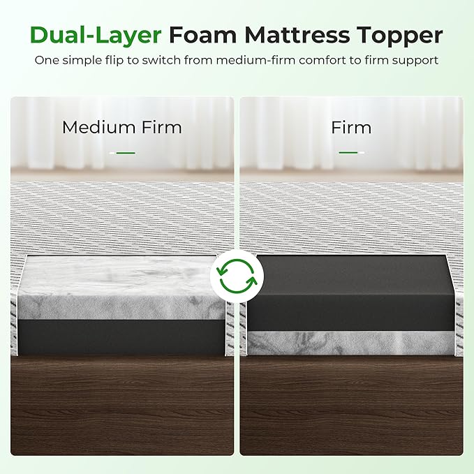 Firm Mattress Topper Queen Size 3 Inch, Cooling Gel & Bamboo Charcoal Memory Foam Mattress Topper for Back Pain Relief, Bamboo Dual-Layer Foam Bed Pad with Removable Cover