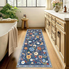 Floral 2x6 Area Rug Machine Washable Soft Print Boho Carpet Non Slip Doormat Low Pile Flower Area Rugs for Living Room Bedroom Nursery Kitchen Dining Room Indoor-Blue/Grey