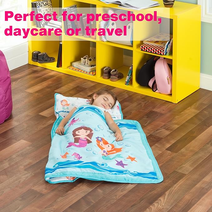 EVERYDAY KIDS Toddler Nap Mat with Removable Pillow -Underwater Mermaids- Carry Handle with Fastening Straps Closure, Rollup Design, Soft Microfiber for Preschool, Daycare Sleeping Bag, Ages 2-6 years