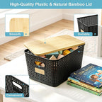 Bagnizer 2 Pack Tall Plastic Storage Bins with Bamboo Lids, 10.8qt Stackable Storages Baskets for Organizing Desktop Closet Playroom Classroom Office, 12"L x 8.3"W x 6.1"H, Black