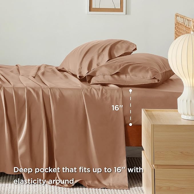 Bedsure Full Size Bed Sheets, Cooling Sheets, Rayon Derived from Bamboo, Breathable & Soft, Deep Pocket Up to 16 Inches, Hotel Luxury Silky Bedding for Hot Sleepers, Khaki