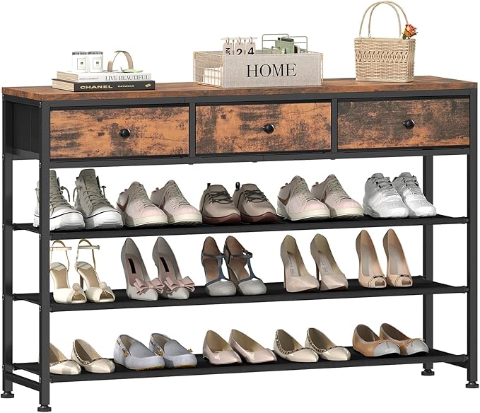 usikey 4 Tier Shoe Rack with 3 Drawers & 3 Oxford Fabric Shelves, Holds 15-18 Pairs, Metal Shoe Storage with Wood Top, Shoe Organizer for Entryway, Closet, Apartment, Rustic Brown UNYXJX022F