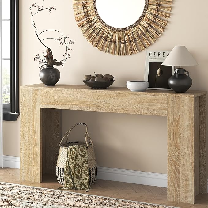 knoworld 63-Inch Long Console Table with LED Light, Farmhouse Sofa Table Behind Couch, Wooden Console Table for Entryway Hallway Entrance Living Room, Nature