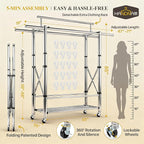 Heavy Duty Clothes Rack Load 620 LBS Foldable, Triple Rod Rolling Garment Rack for Hanging Clothes with Sturdy Wheels & Shelves, Adjustable ＆ Portable Commercial Clothing Rack with Lockable Wheels