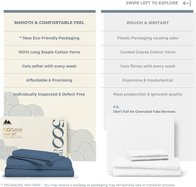 Mayfair Linen 100% Cotton Striped Sheets Split King Size Bed Set - 500 Thread Count Damask Split King Sheets for Adjustable Bed, 5 PC Set (Light Blue Stripe), Cooling, Sateen 16" Deep Pocket Bedsheet