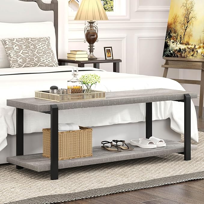 FOLUBAN Entryway Bench, Vintage Wood and Metal Shoe Bench for Hallway Front Door Entrance, Farmhouse Indoor Shoe Storage Bench Seat for Bedroom, Living Room, Light Grey, 47 Inch