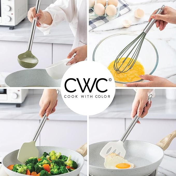 COOK WITH COLOR Silicone Cooking Utensils, Kitchen Utensil Set, Easy to Clean Silicone Kitchen Utensils, Cooking Utensils for Nonstick Cookware, Kitchen Gadgets Set, 10 Pieces, Green