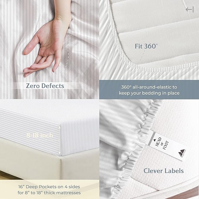 Mayfair Linen 100% Cotton Striped Sheets Split King Size Bed Set - 500 Thread Count Damask Split King Sheets for Adjustable Bed, 5 PC Set (White Stripe), Cooling, Sateen 16" Deep Pocket Bedsheet