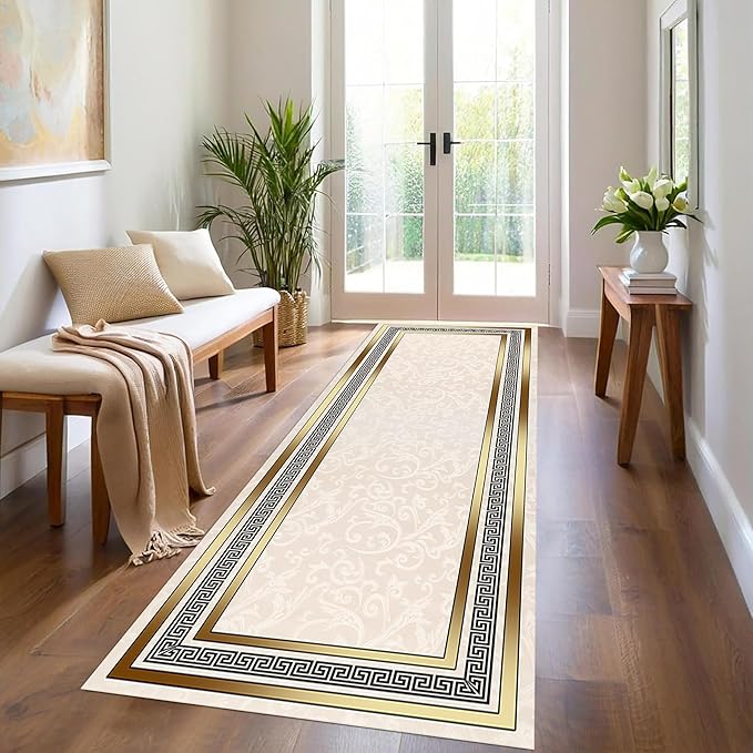 Classic Bohemian Hallway Rugs, 2.6x10ft, Western Retro Greek Key Beige Fade Resistant Hall Rug, Washable Kitchen Low-Pile Floor Carpet Runners for Bathroom Laundry