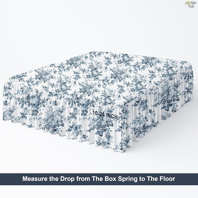 Cottington Lane Ruffled Bed Skirt Twin Size with Split Corner, Brushed Microfiber Hotel Quality Dust Ruffle, 15 Inch Drop Gathered Bedskirt, Soft, Stylish, Shrink & Fade Resistant, Blue Floral Bliss