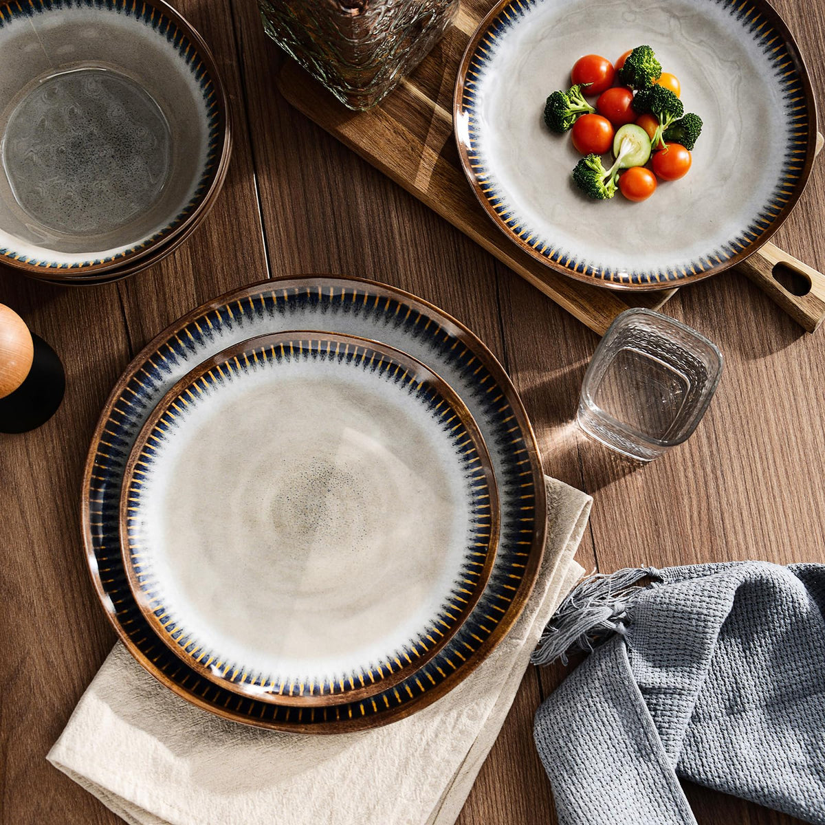 Gufaith Melamine Dinnerware Set, 12 Pcs Dishware Sets, Plate and Bowl Set Service for 4, Lightweight and Unbreakable Dinnerware Sets for Camping, Great for RV, Dishwasher Safe, Sahara Beige and Blue
