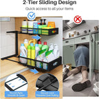 Under Sink Organizer, 2 Pack 2 Tier Pull Out Under Cabinet Organizer Shelf with Pad for Framed Cabinets, Metal Slide Out Under Sink Storage, Mesh Sliding Drawers for Kitchen Bathroom Laundry, Black