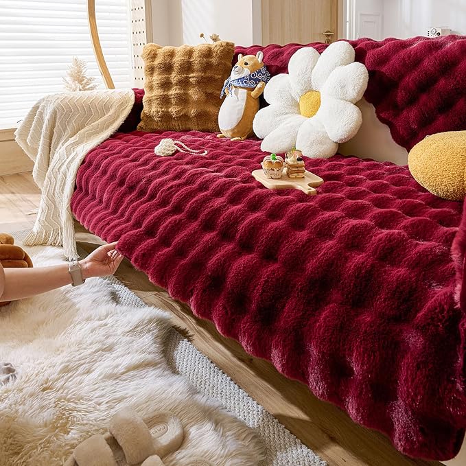Christmas Faux Fur Couch Cover Fuzzy Soft Plush Thick Bubble Sofa Cover Luxury Sectional Couch Covers Luxury Anti-Slip Sofa Slipcover Washable Furniture Protector (Wine Red,28"x70")