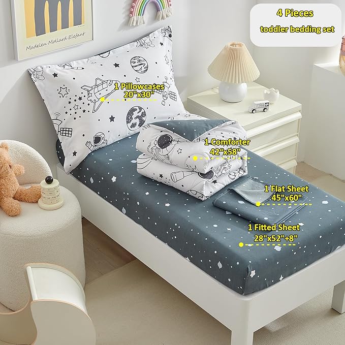 DuShow 4 Piece Toddler Bedding Set for Boys,White Space Crib Bedding Sheets Set,Soft Toddler Comforter Set Bed in a Bag | Include Comforter,Flat Sheet,Fitted Sheet,Pillowcase