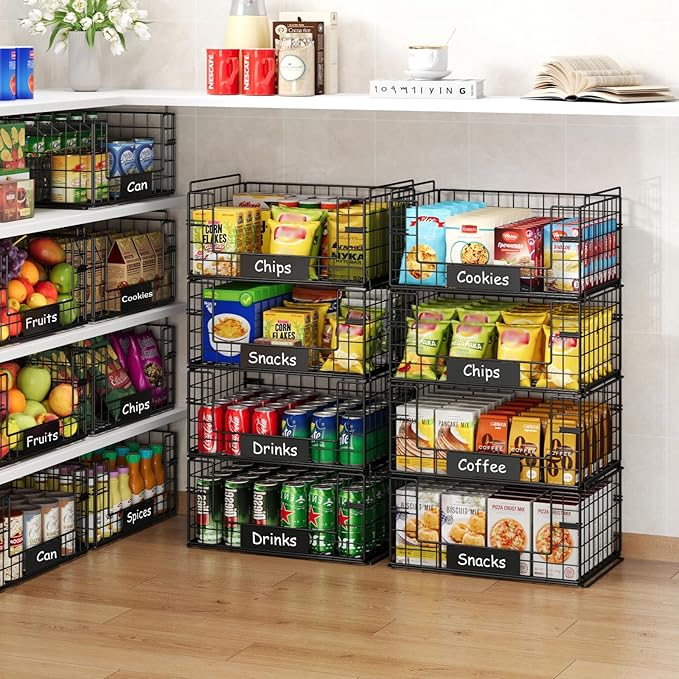 JKsmart 4 Pack XXL Stackable Wire Baskets with Handles for Pantry Storage and Organization,Fruit and Vegetable Basket with Name Plates,Metal Storage Bins for Snack Can Fruit Veggies