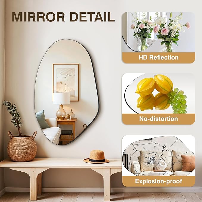 FICTOR Irregular Asymmetrical Wall Mirror, 32" x 19" Modern Decorative Mirror for Entryway, Bathroom, Bedroom, Living Room, Dining Room