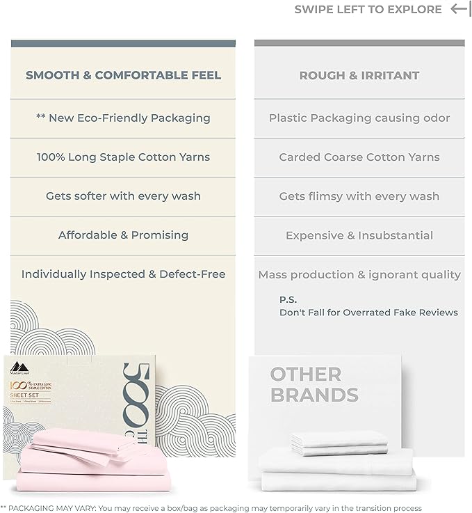 Mayfair Linen 500 Thread Count Twin XL Cotton Sheets - 3 PC Twin XL Size Bed Sheet Set Cotton (Blush), Soft, Cooling, Sateen Hotel-Quality 16" Deep Pocket Bedsheet for Hot Sleepers (Fits 18" Mattress)