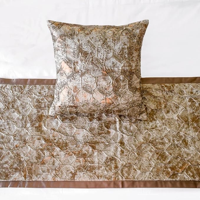 The HomeCentric King/Queen/Twin Copper Decorative Full 68"x18" Bed Runner with 2 Pillow Cover, Beaded & Foil Bed Scarf on Silk Fabric - Aranka