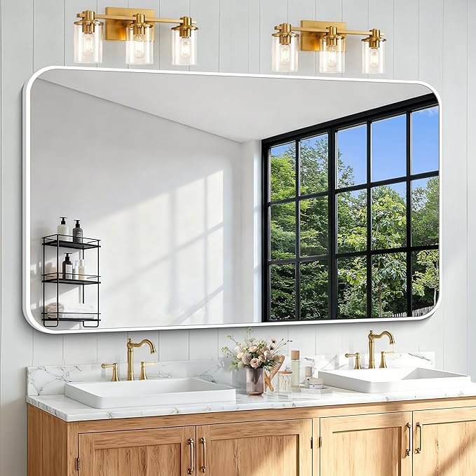BONEWEI White Bathroom Mirror,60x36 inch Wall Mirror for Bathroom Wall Mounted,Rectangle Mirror for Bathroom Over Sink,Modern Frame Round Corner for Living Room,Bedroom Entryway,Horizontal/Vertical