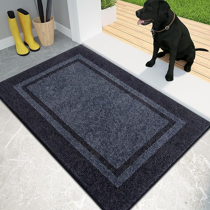 PURRUGS Dirt Trapping Door Mat 24" x 36", Non-Slip/Skid Machine Washable Entryway Rug, Shoes Scraper, Area Rug, Super Absorbent Welcome Mat for Muddy Wet Shoes and Paws, Bluish Grey & Charcoal