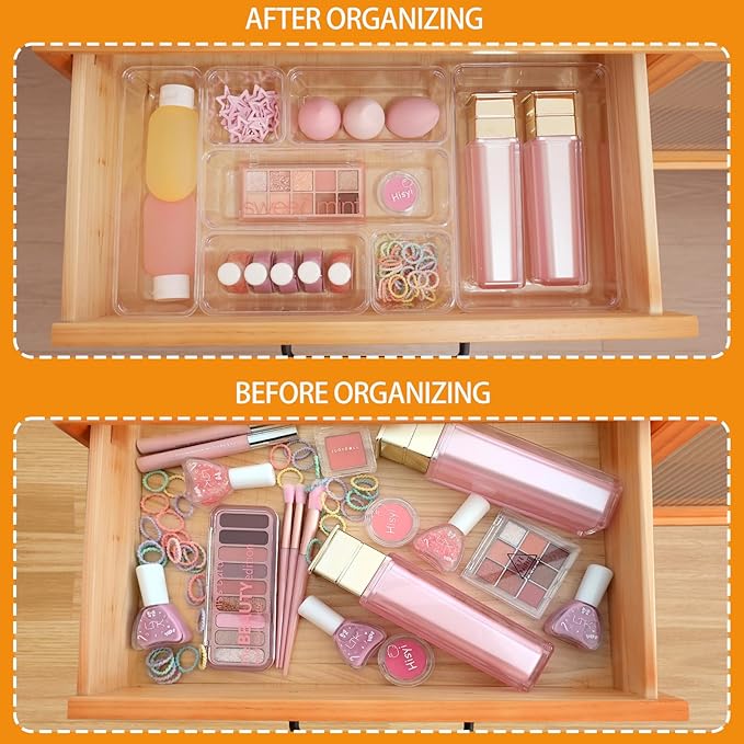 Clear Acrylic Drawer Organizers Set Storage for Makeup, Office Desk Small Vanity Trays for Drawer Bathroom Plastic Make up Organizers 25 Pcs