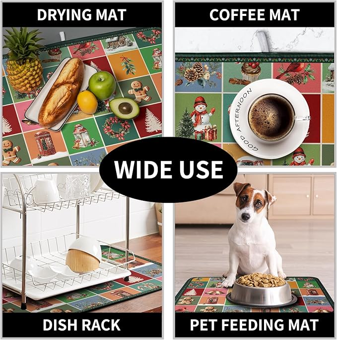 Christmas Dish Drying Mats for Kitchen Counter Cute Xmas Holiday Dish Drainer Pad Microfiber Absorbent Winter Dish Draining Mat Washable Dish Drainer Rack Mat Medium 16x18 Inch