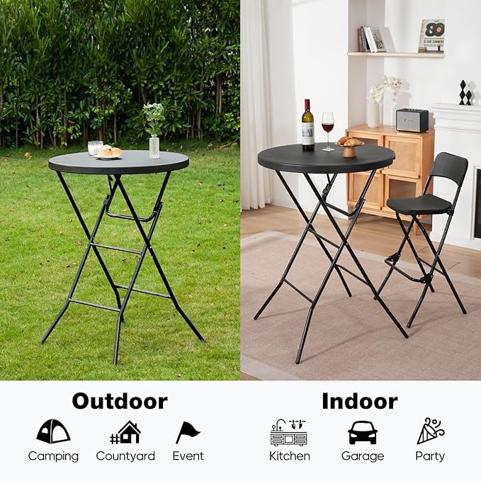 32" Round Folding Table, Portable Bar Height Folding Table with Detachable Legs, Round Foldable Table with HDPE Top for Standing Parties, Balcony, Event, Indoor Outdoor Use (Black, 1 Pack)