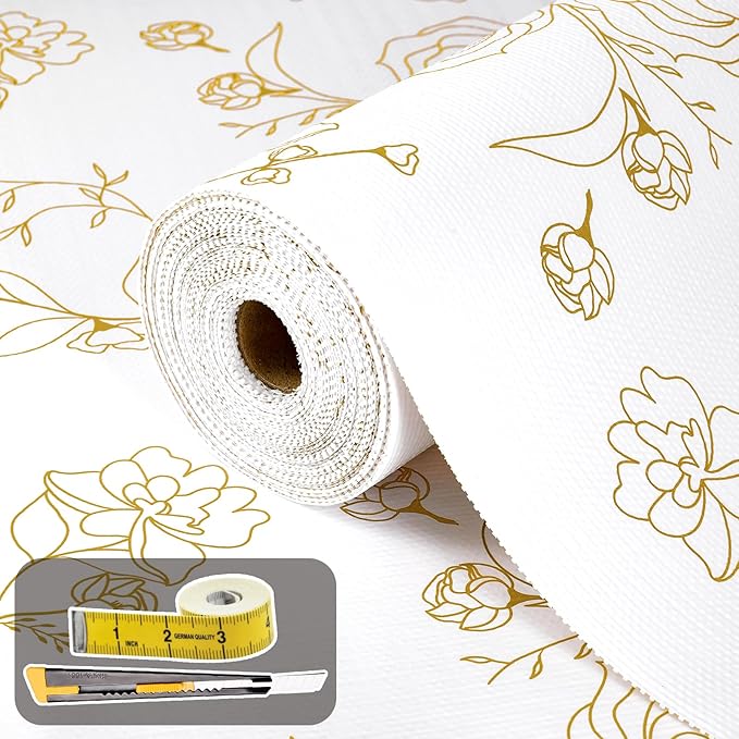 Shelf Liners for Kitchen Cabinets 17.5in x 30FT Non Adhesive Drawer Liner Gold Floral Thickened Shelf Liner Paper Strong Non-Slip Easy to Clean for Tool Box Refrigerator with Knife and Tape Measure