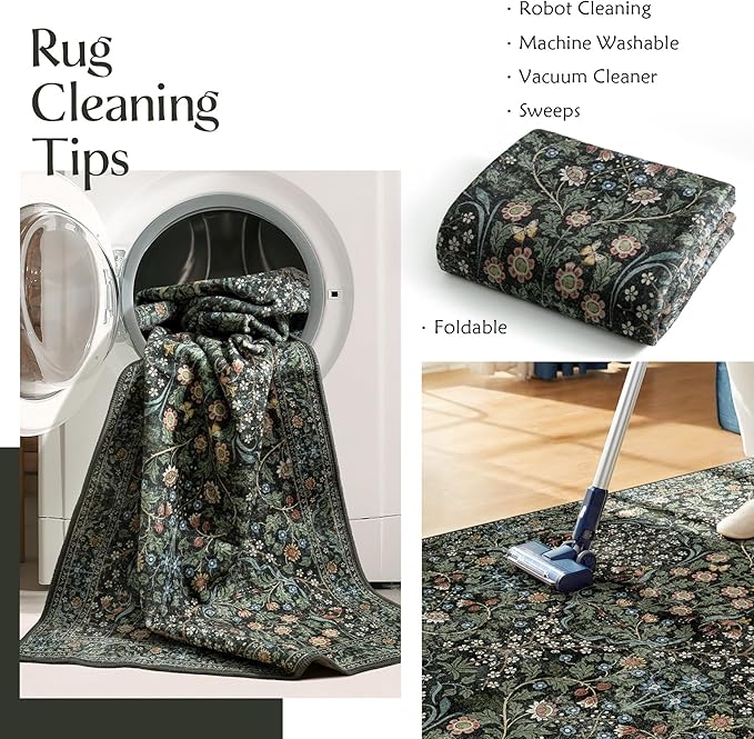MUJOO Floral 5x7 Area Rugs,Washable Rug for Living Room Bedroom Office Dining Room,Large Throw Carpet,Boho Non Slip Indoor Floor Big Soft Botanical Vintage Ultra-Thin Black and Green