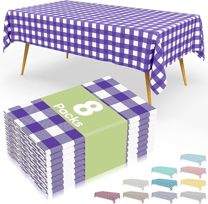 Smiry 8 Packs Gingham Disposable Table Cloth, 54 x 108 Inch Waterproof Plastic Tablecloth, Rectangle Purple and White Checkered Table Covers for Picnic, Birthday, Party