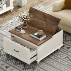 WAMPAT Farmhouse TV Stand and Coffee Table Set of 2, Square Coffee Table with Lift Top & Drawer, White Entertainment Center for 70 Inch TV, 2 Piece Living Room Table Set, White