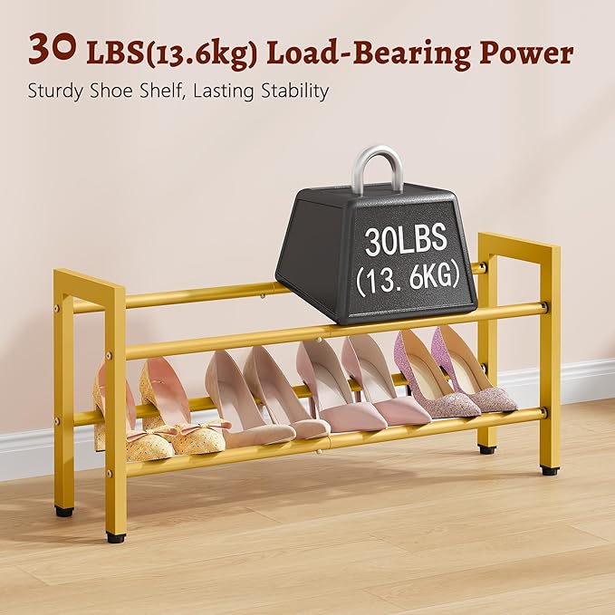 FAVOOSTY 2-Tier Expandable Shoe Rack, Adjustable Shoe Shelf Storage Organizer Space Saving Metal Free Standing Shoe Rack for Entryway Closet Doorway, Gold