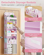 OneDream 5-Tier Over the Door Organizer with Removable Storage Caddy, Baby Clothes Organizer for Nursery, Hanging Behind Door Storage with Clear Pockets and Side Mesh Compartments, Pink