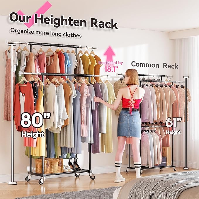 SUFAUY Commercial 80" H Clothes Rack for Hanging Dresses, Extend 50“L Double Rolling Garment Rack on Lockable wheels with Adjustable Rod and Storage Shelves, Load 350 LBS, Black