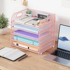Cawukege 5 Tier Paper Organizer with Handle, Pink Metal Mesh Desk Organizer File Folder Paper Letter Tray Desktop Document Sorter for Classroom, School, Office Accessories Organization and Storage